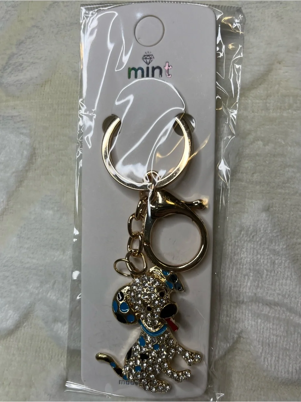 Mint Gold-Tone Blue Crystal Puppy Key & Card Holder Bag Charm